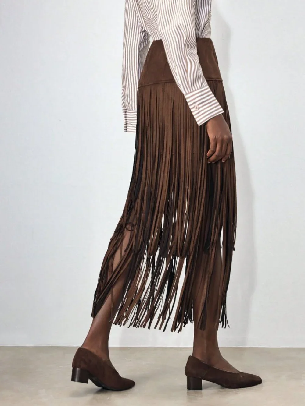 Brown Casual Women's Mid-Waist Fringe Tassel A-Line Skirt